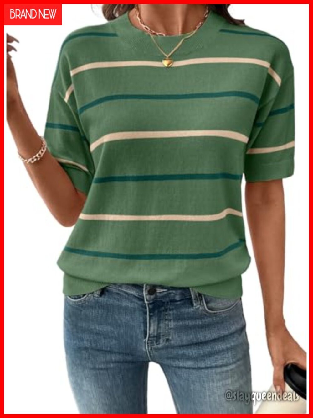 Womens Striped Knit Pullover Sweater Crewneck Short Sleeve Loose Fit Top